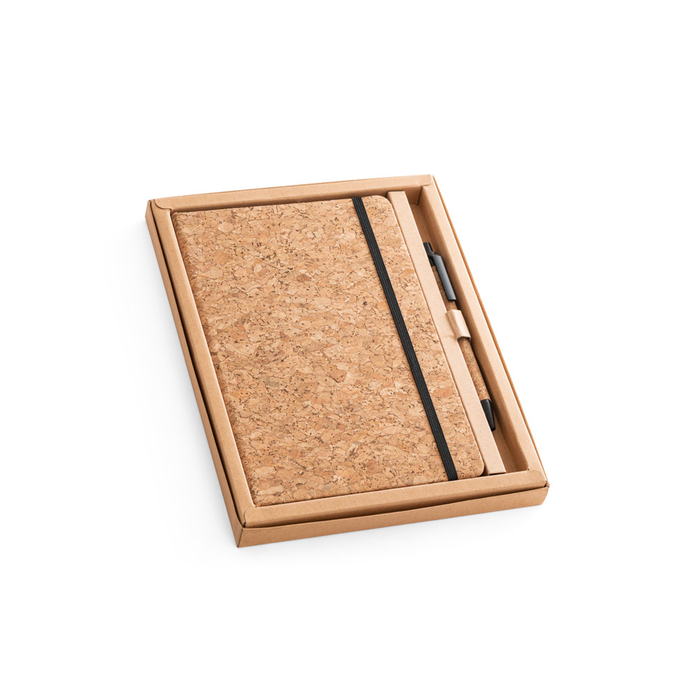 Conjunto de caderno A5 e caneta esferográfica em cortiça