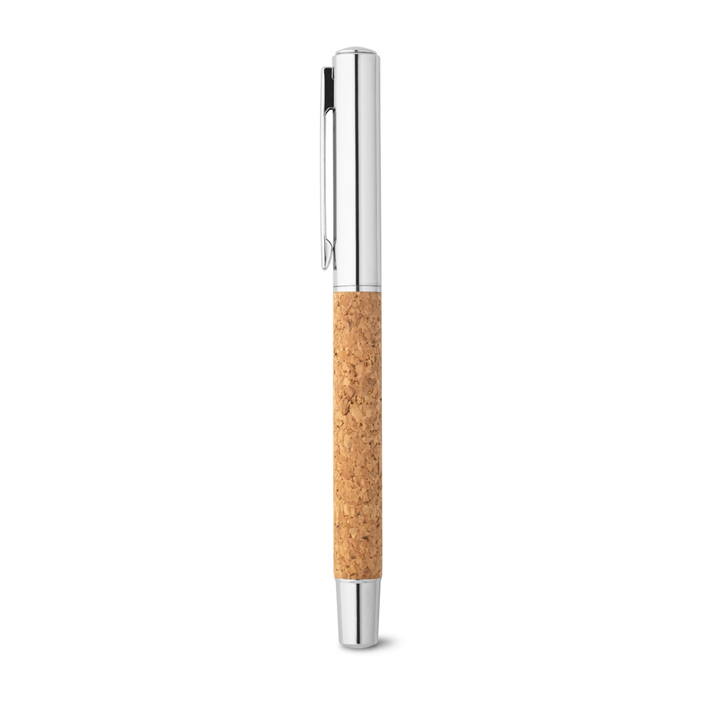 Caneta roller em aço inox 90% reciclado e cortiça