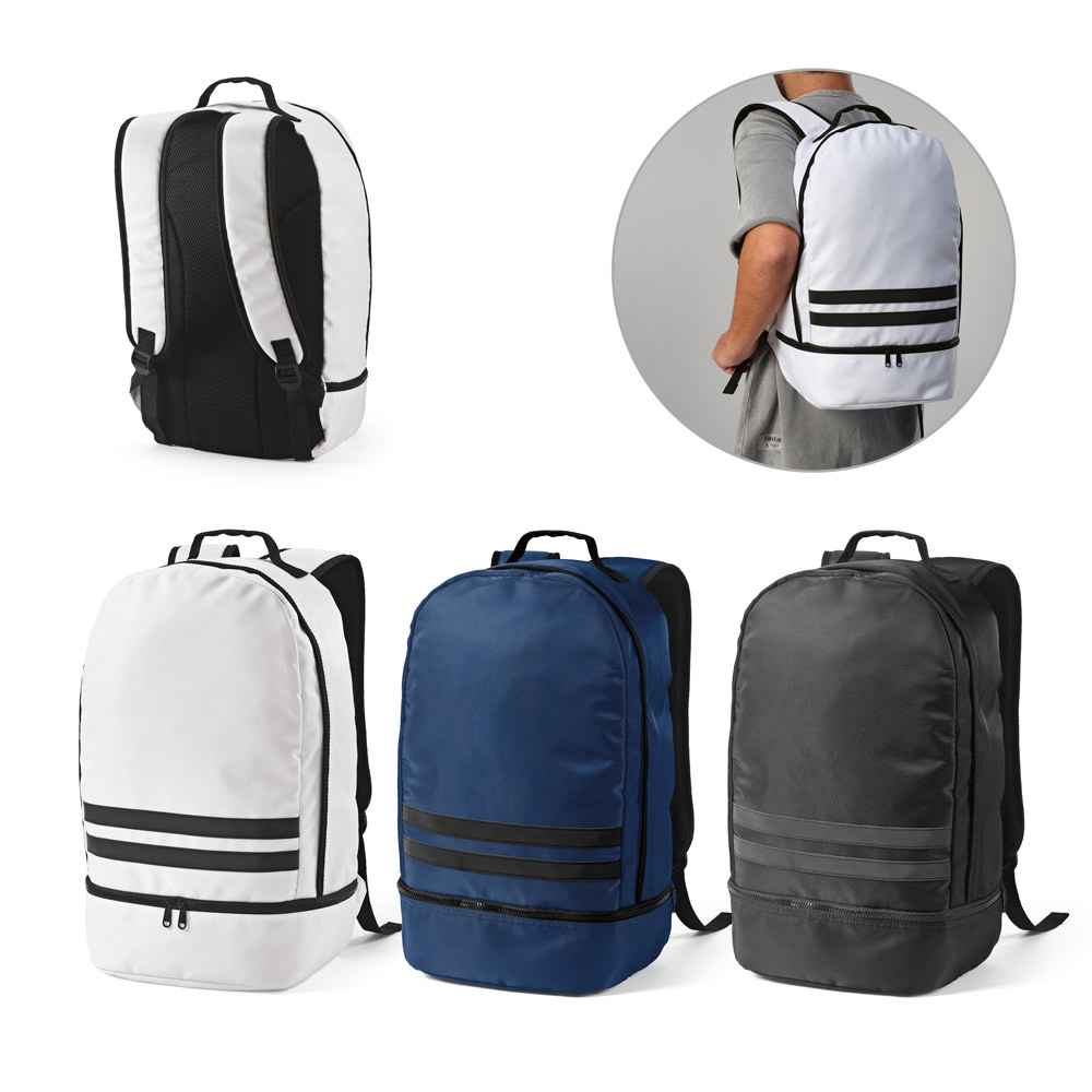 Mochila em poliéster e sarja com compartimento para sapatos