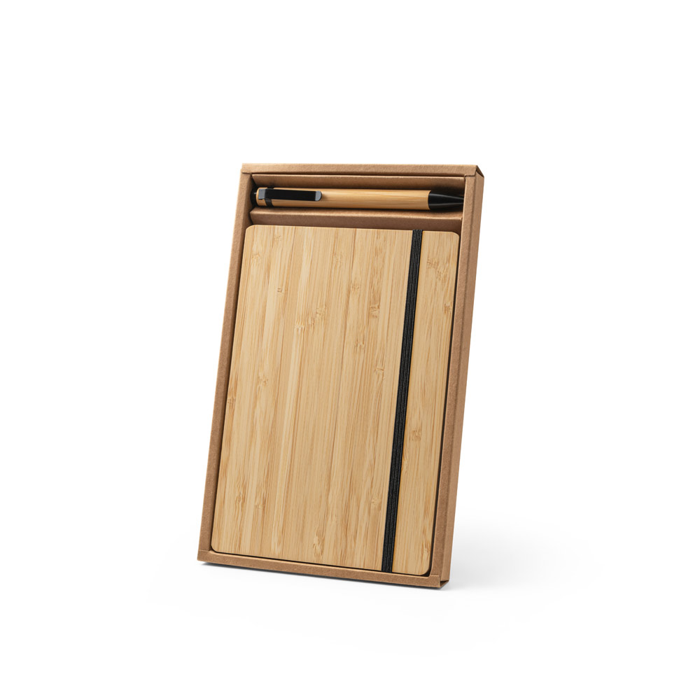 Conjunto de caderno A5 e caneta esferográfica em bambu