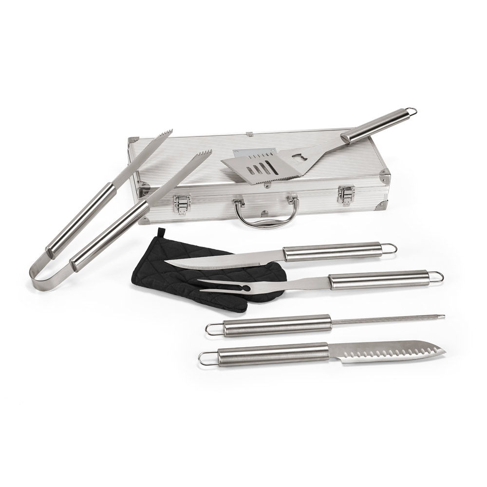 Kit churrasco com luva de cozinha e 6 utensílios