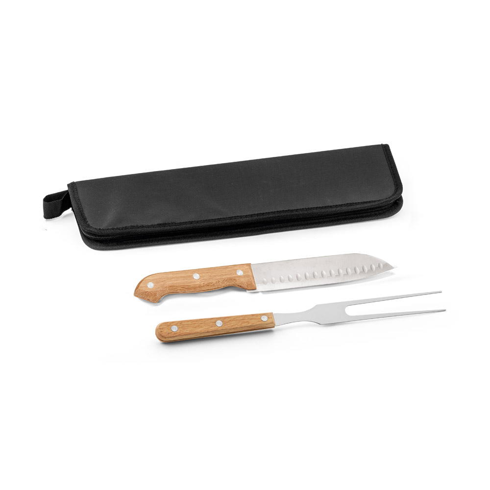 Kit churrasco com 2 utensílios em aço inox e cabos em madeira